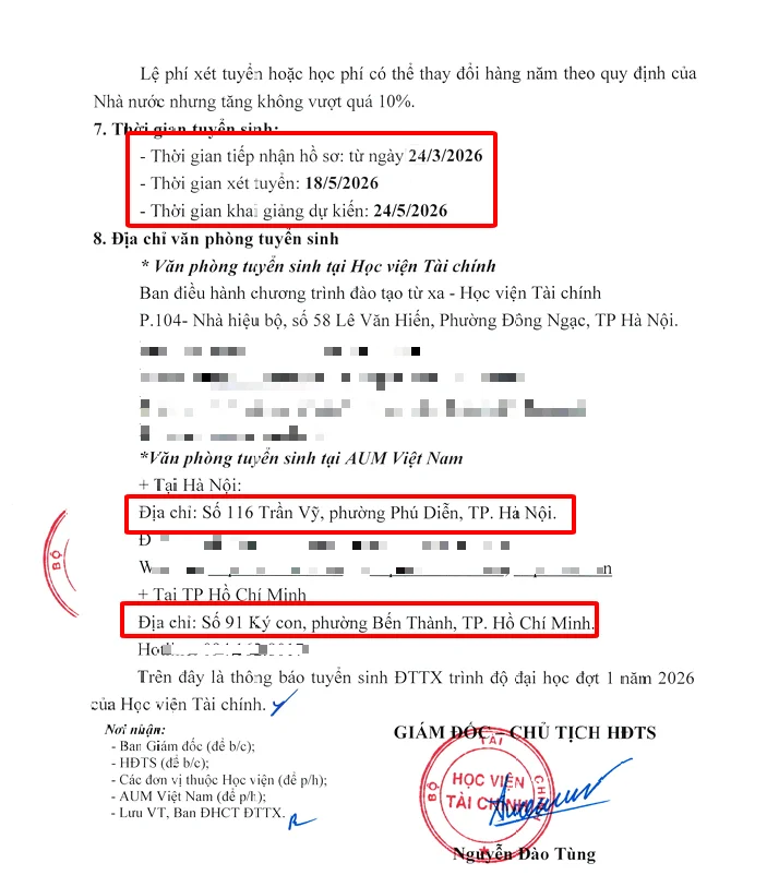 THÔNG BÁO HỌC VIỆN TÀI CHÍNH TUYỂN SINH HỆ TỪ XA ĐỢT 1 NĂM 2026