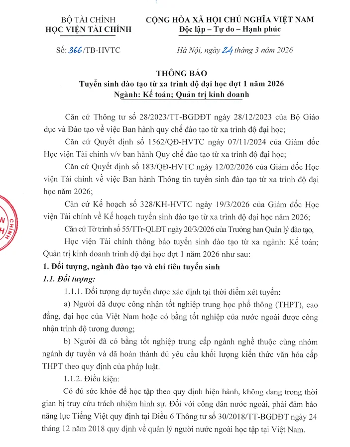 THÔNG BÁO HỌC VIỆN TÀI CHÍNH TUYỂN SINH HỆ TỪ XA ĐỢT 1 NĂM 2026