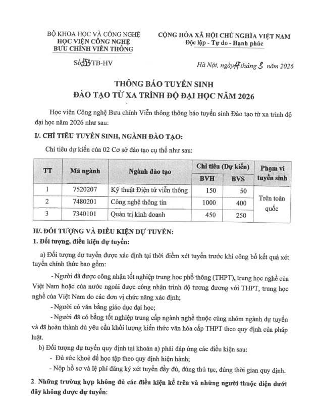 Thông Báo Tuyển Sinh Đại Học Từ Xa (E-Learning) 2026 – Học viện Công nghệ Bưu chính Viễn thông (PTIT)